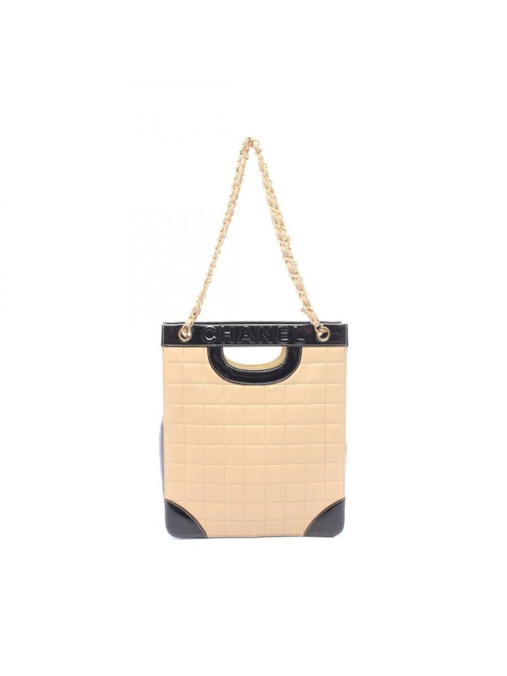 Chanel Tote Bag Choco Bar 2-Way Beige Black Leather Patent Shoulder